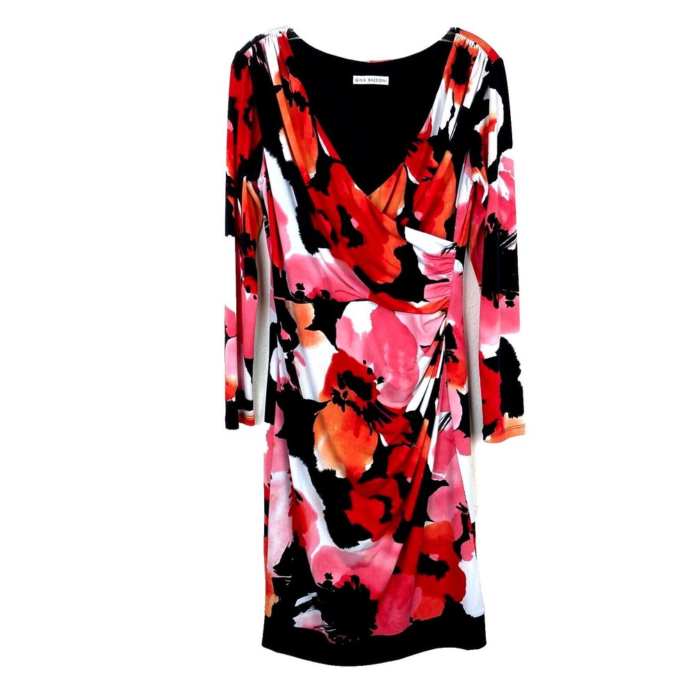 GINA BACCONI Midi Sheath Dress Size 8 Floral Stretch Faux Wrap Artsy Colorful